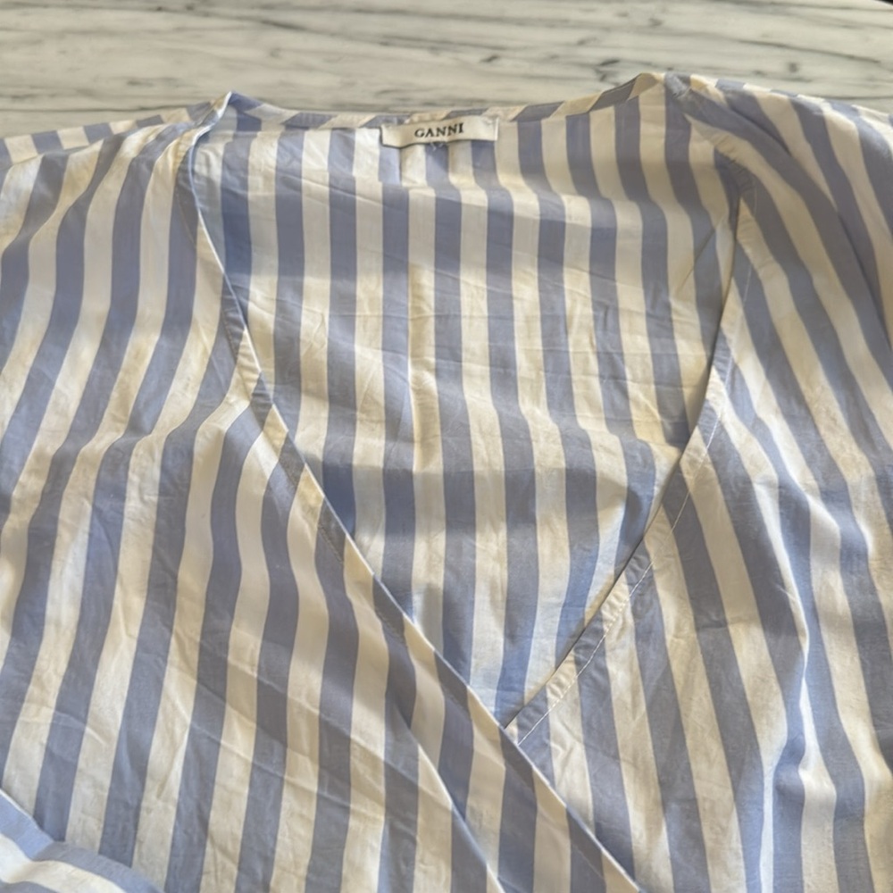 Ganni Blue and White Striped Wrap Blouse - Picture 4 of 8